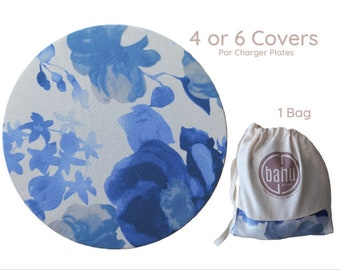 Blue Floral Charger Plate Cover Set: Handmade Cotton Table Setting
