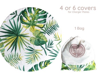 Monstera Charger Plate Cover Set: Tropical Table Linen, Handmade Cotton