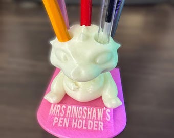 Personalised Dinosaur Pen Holder, Custom Name Desk Pot, Teacher Desk Accessory