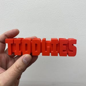 May include: A bright red, 3D-printed word, "TIDDLIES", is held in a person's hand. The letters are blocky and evenly spaced, with a matte finish. The background is a plain white wall.