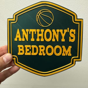 Personalised basketball door sign for the kid&#39;s bedroom, 3D dual colour custom room door plaque, great as a birthday or a Christmas gift.