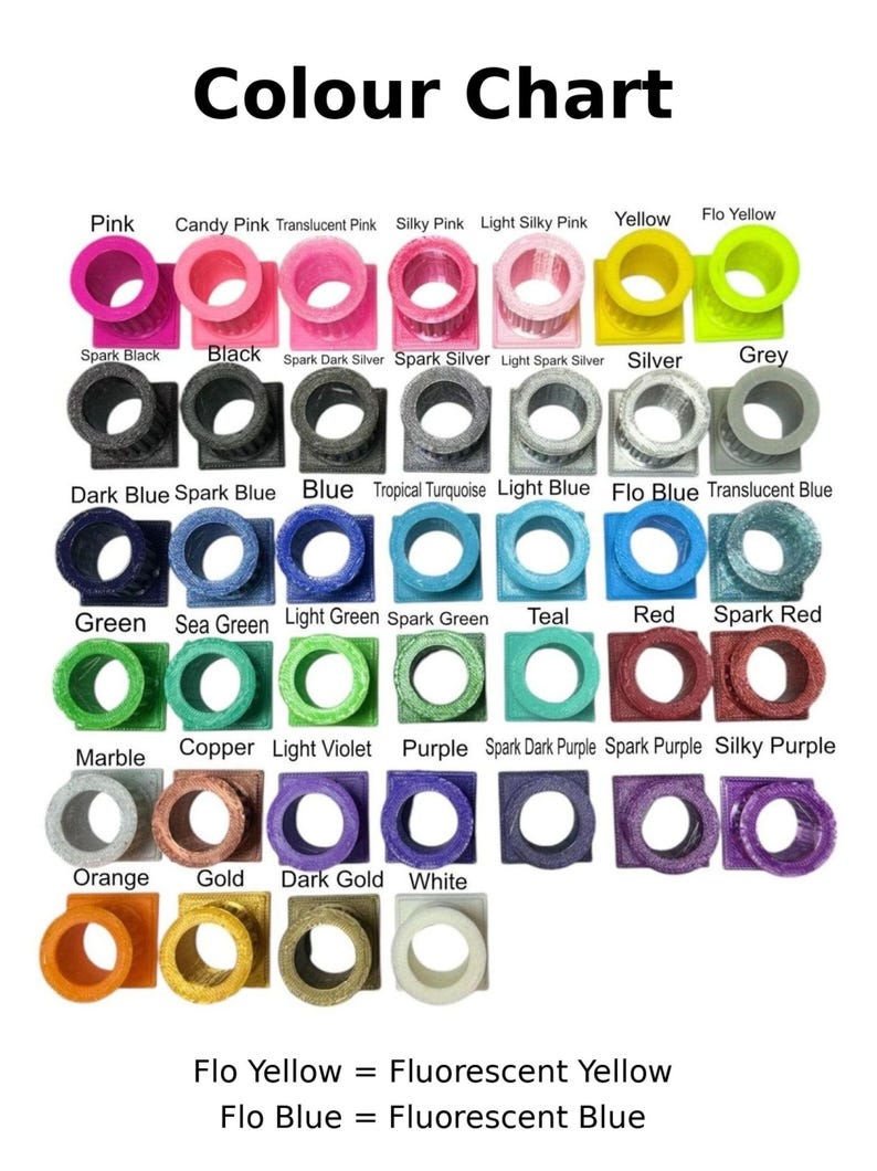 May include: A color chart displaying various small, square-based cylindrical objects in multiple shades. The text labels include Pink, Candy Pink, Translucent Pink, Silky Pink, Light Silky Pink, Yellow, Flo Yellow, Spark Black, Black, Spark Dark Silver, Spark Silver, Light Spark Silver, Silver, Grey, Dark Blue, Spark Blue, Blue, Tropical Turquoise, Light Blue, Flo Blue, Translucent Blue, Green, Sea Green, Light Green, Spark Green, Teal, Red, Spark Red, Marble, Copper, Light Violet, Purple, Spark Dark Purple, Spark Purple, Silky Purple, Orange, Gold, Dark Gold, and White.