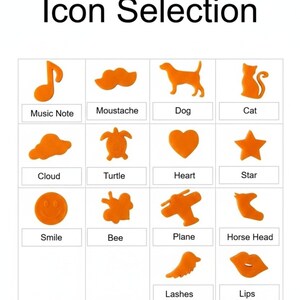 May include: A grid titled Icon Selection featuring orange icons with labels: Music Note, Moustache, Dog, Cat, Cloud, Turtle, Heart, Star, Smile, Bee, Plane, Horse Head, Lashes, and Lips. Each icon is displayed above its corresponding text label.