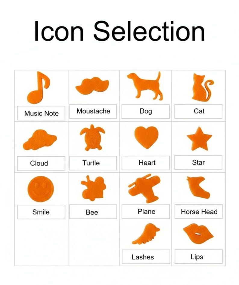 May include: A grid titled Icon Selection featuring orange icons with labels: Music Note, Moustache, Dog, Cat, Cloud, Turtle, Heart, Star, Smile, Bee, Plane, Horse Head, Lashes, and Lips. Each icon is displayed above its corresponding text label.