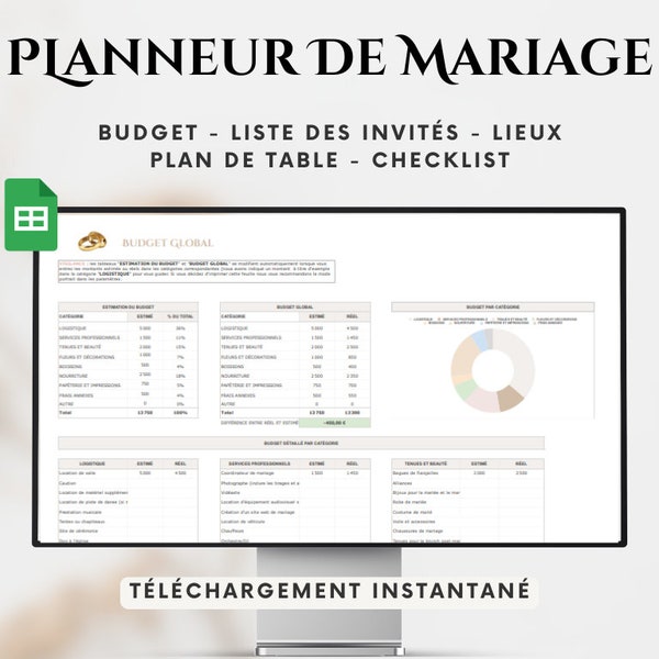 Organisateur de mariage Google Sheets, Budget de mariage, planification de mariage, modèle de mariage, agenda de mariage, finances mariage