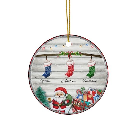 Christmas Family Ornament, Rounded Ornament, Personalized Family Christmas Sock, Circle Ornaments, Christmas ornaments, Ceramic Ornament