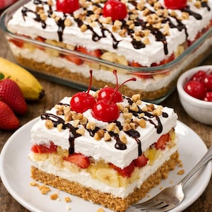 Receta de pastel Banana Split – Postre sin horno con fruta y queso crema (Descarga digital)