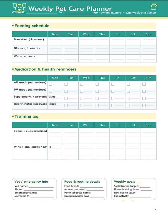 Weekly Dog Schedule | Pet Schedule | Keep Track of Food, Medication & Walks | Minimalist | US Letter