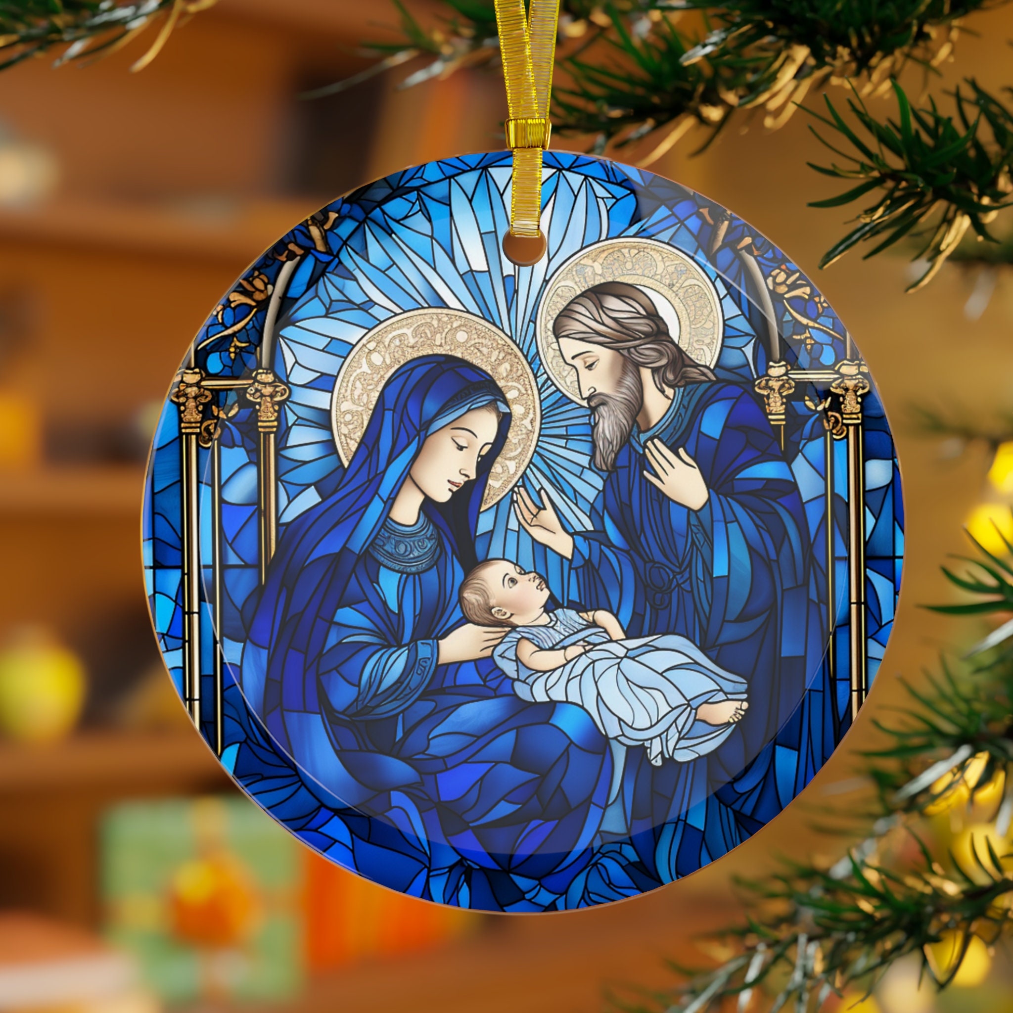 Jesus Mary Joseph Acrylic Suncatcher Christmas Round Faux Stained Nativity  Religious Ornament Meaningful Christmas Glass Ornament 