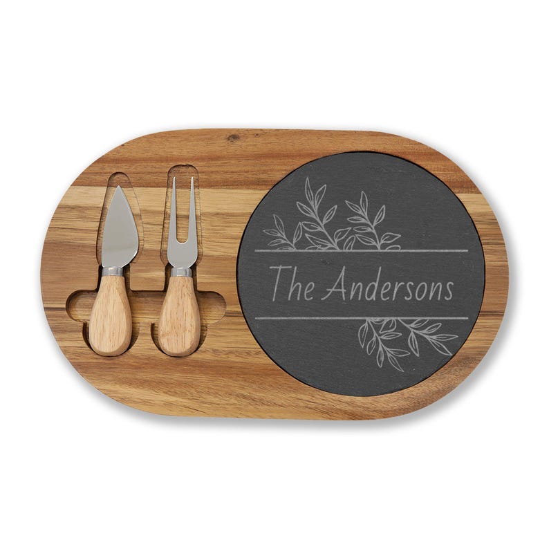 Personalized Acacia Cheese Board Set Engraved Family Name Floral ...