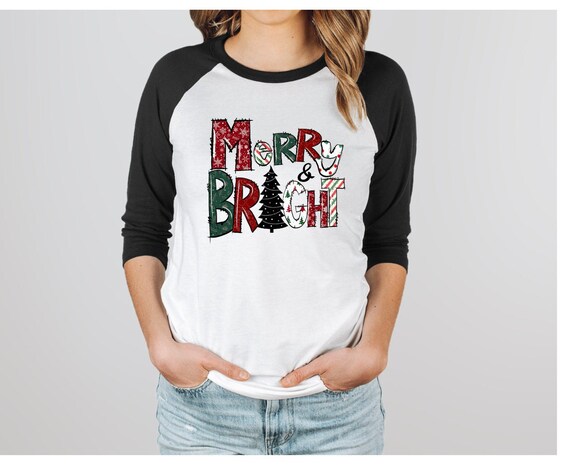 Merry and Bright Christmas Unisex 34 Sleeve Baseball Tee
