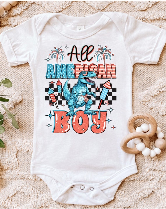 4th of July, Independence Day, All American Boy, Dinosaur, Infant Baby Rib Bodysuit