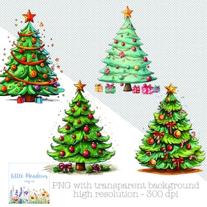 Imágenes PNG de árboles de Navidad de dibujos animados Lindo retrato bohemio Clipart Ilustración 300dpi Descarga Scrapbooking digital Lindo Clip Art Conjunto de 4