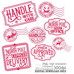 Conjunto de sellos PNG del Polo Norte, Clipart de entrega navideña aprobada por Papá Noel, Descarga digital, Conjunto de sellos postales de Papá Noel, Clipart navideño
