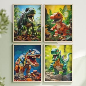 Dinosaur Construction Brick Wall Art Digital Download Print for Home Decor Instant Download Childrens Room Bedroom Nursery Kids Dino Fun