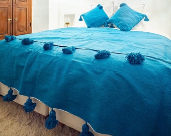 Dark Turquoise handmade moroccan blanket, Berber blanket,  woven blanket, Throw blanket, tassel blanket, cotton blanket