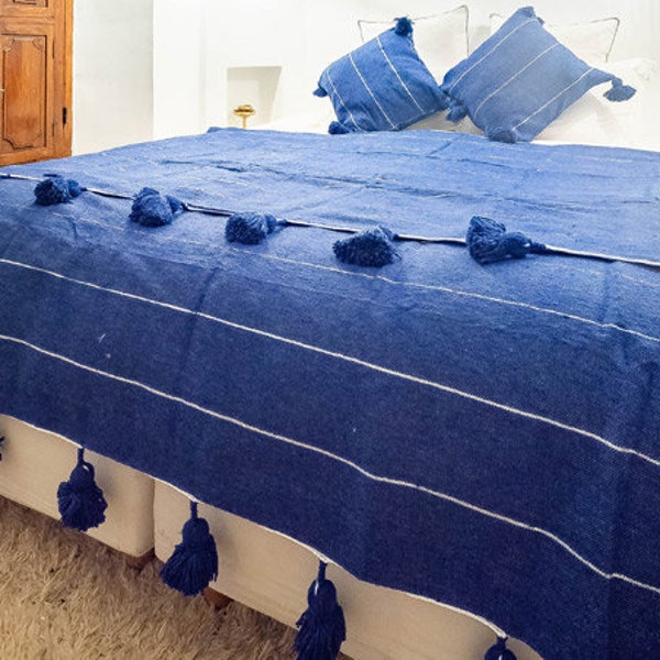 Couverture marocaine faite main bleu ciel, couverture berbère, couverture tissée, couverture jetée, couverture à pampilles, couverture en coton