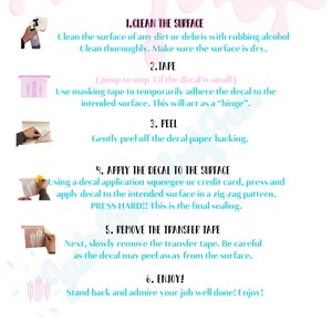 May include: A step-by-step guide on how to apply a decal to a surface. The steps include cleaning the surface, using tape to temporarily adhere the decal, peeling off the backing, applying the decal, and removing the transfer tape.