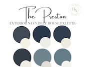 The Preston- Navy Blue Exterior House Paint Palette- Benjamin Moore & Sherwin Williams with front door colors! Cottage, lakehouse, cabin