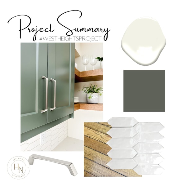 Westheights Project Plan- green cabinetry, organic kitchen, golden oak, honey oak, white quartz, picket fence tile backsplash, perfect green