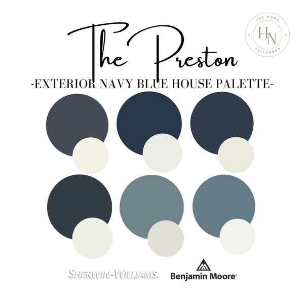 The Preston- Navy Blue Exterior House Paint Palette- Benjamin Moore & Sherwin Williams with front door colors! Cottage, lakehouse, cabin