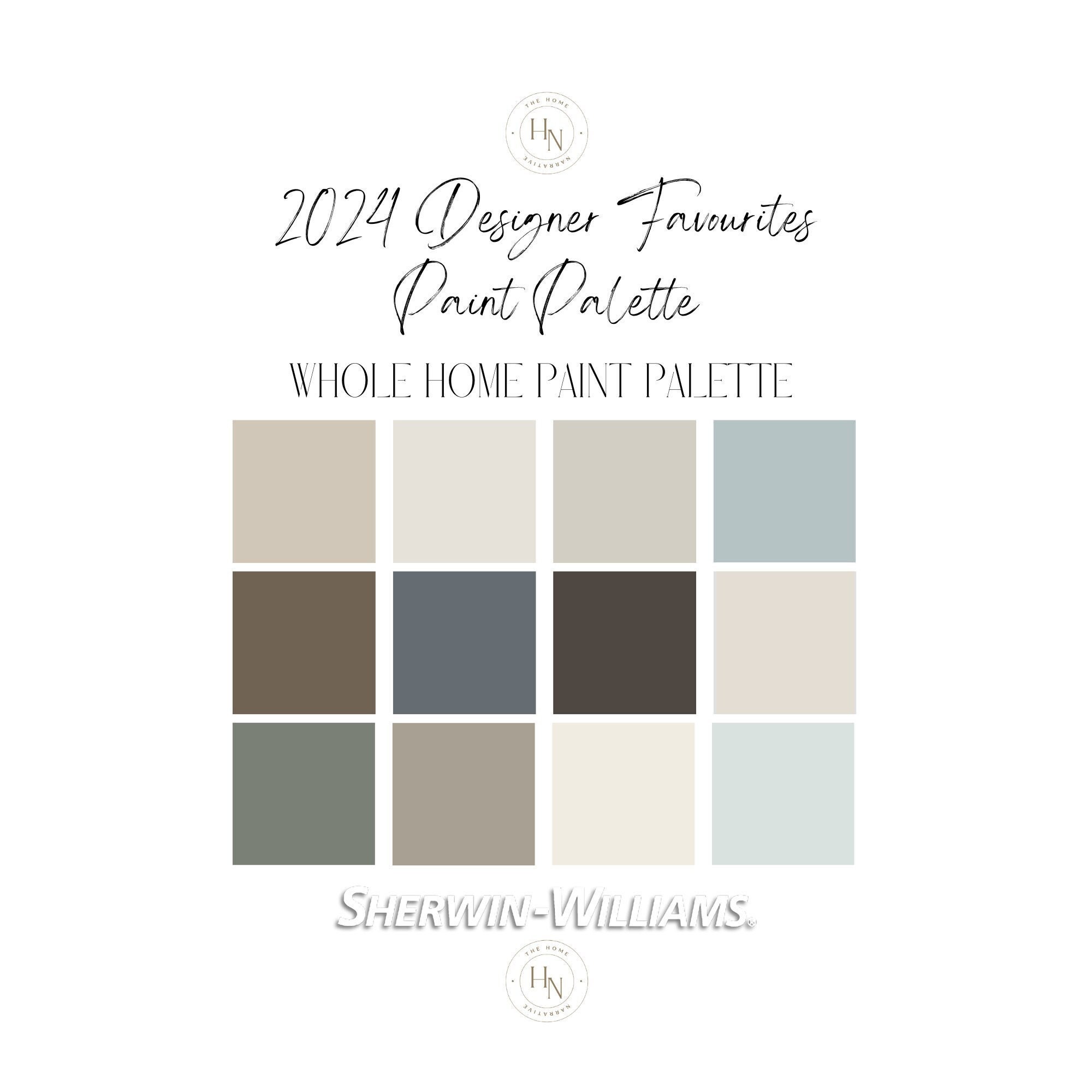 2024 Designer Favourites Paint Palette- Sherwin Williams. Whole Home interior palette, modern neutral home, organic modern, trending colors