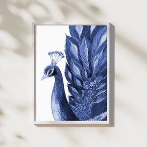 Navy Peacock, Gouache, Print Digital A4 Download, Printable, Bird Wall Art, Autumn Home Décor