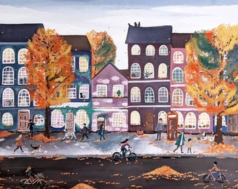 Colourful Autumn in London Gouache Art Print, A4 Illustration