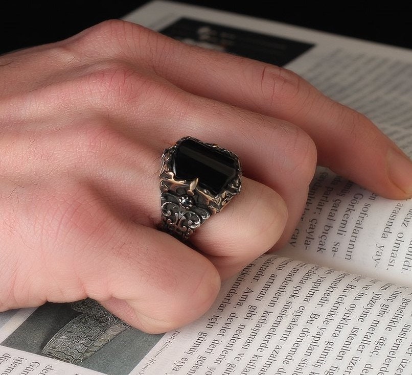 Victorian Black Onyx Ring Sterlin Silver Ring Men Oxidized 