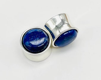 Pair of Natural Lapis lazuli Smooth Circular 925Shiny Sterling silver Plugs, Higher Quality Finished handmade.SIZE:- 12g (2MM ) to All