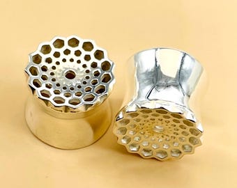 Pair of Beautiful 925 Shiny Sterling silver HONEYCOMB Tunnels,Plugs, Double Flare, Higher Quality handmade. SIZE :- 12g (2MM) to 30MM Custom