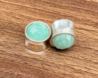 Pair of Natural Amazonite Faceted cut,925 Shiny Sterling silver Plugs, Higher Quality Finished handmade.SIZE:- 12g (2MM ) to 30MM Customize