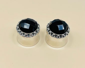 Pair of  Black Obsidian Faceted cut, Boho Style, 925 Sterling silver Plugs, Quality Finished handmade. SIZE: 8g (3MM) to All Boho Style03