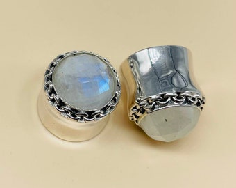 Pair of  Rainbow Moonstone Faceted cut, Boho Style, 925 Sterling silver Plugs, Quality Finished handmade. SIZE: 8g (3MM) to All Boho Style03