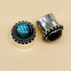 Paire de bouchons de labradorite 925 argent sterling bleu ciel naturel, Boho, finition de qualité supérieure faite à la main. Taille: - 8g (3MM à tout le style boho02