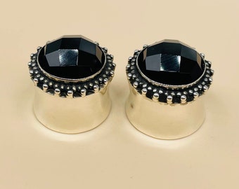 Pair of  Black Obsidian Faceted cut, Boho Style, 925 Sterling silver Plugs, Quality Finished handmade. SIZE: 8g (3MM) to All Boho Style02