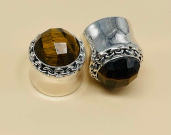 Pair of  Tiger EYE Faceted cut, Boho Style, 925 Sterling silver Plugs, Quality Finished handmade. SIZE: 8g (3MM) to All Boho Style03