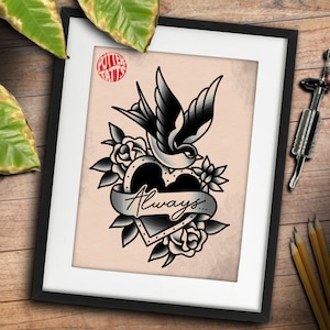 Traditional Swallow + Heart - Traditional Tattoo Flash Art Print