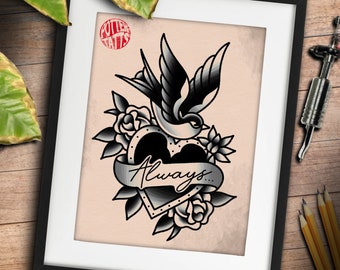 Traditional Swallow + Heart - Traditional Tattoo Flash Art Print