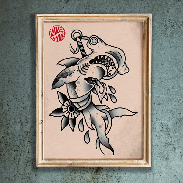 Old School Hammerhead Shark - Traditional Tattoo Flash Art Print