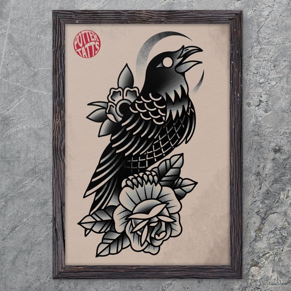 Traditionnel corbeau et rose - impression flash tatouage traditionnel old school