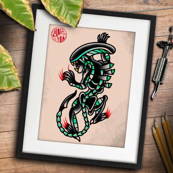 Alien Xenomorph Traditional Americana Tattoo Flash Sheet - Etsy