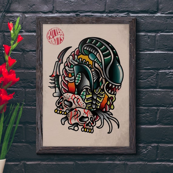 Alien Xenomorph Traditional Tattoo Flash Print - Etsy