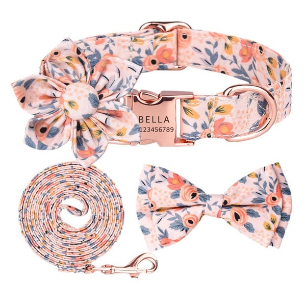 Personalized Floral Dog Collar Cat Collar With Lead Flower Pattern Name Engraving Pet Collar and Leash Set Rose Gold Buckle Gifts For Dogs
