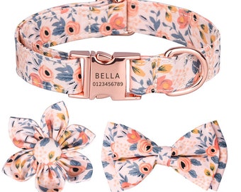 Personalized Floral Pet Collar Dog Collar Cat Collar Flower Pattern Name Engraved Pet Collars with Personalized Name Rose Gold Buckle