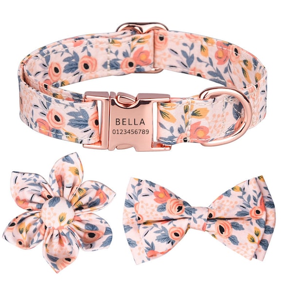 Personalized Floral Pet Collar Dog Collar Cat Collar Flower Pattern Name Engraved Pet Collars with Personalized Name Rose Gold Buckle