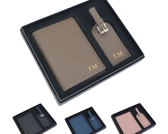 Coffret cadeau porte-passeport et étiquette de bagage en cuir véritable, étui pour passeport, étiquette de valise, cadeau du voyageur, nom gravé, étiquette d'identification personnalisée