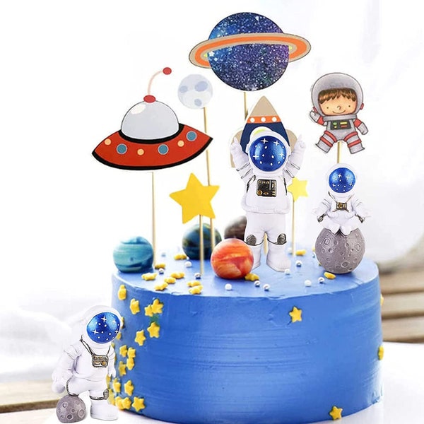 Happy Birthday Cake Topper Space Astronaut Figurines Rocket UFO Planets Cake Dessert Decor Kids Toy Gift For Boys