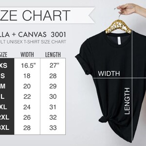 K&ouml;nnte beinhalten: Gr&ouml;&szlig;entabelle f&uuml;r Bella + Canvas 3001 Unisex-T-Shirts f&uuml;r Erwachsene. Die Tabelle zeigt die Gr&ouml;&szlig;en XS bis 3XL mit den entsprechenden Breiten- und L&auml;ngenma&szlig;en in Zoll.