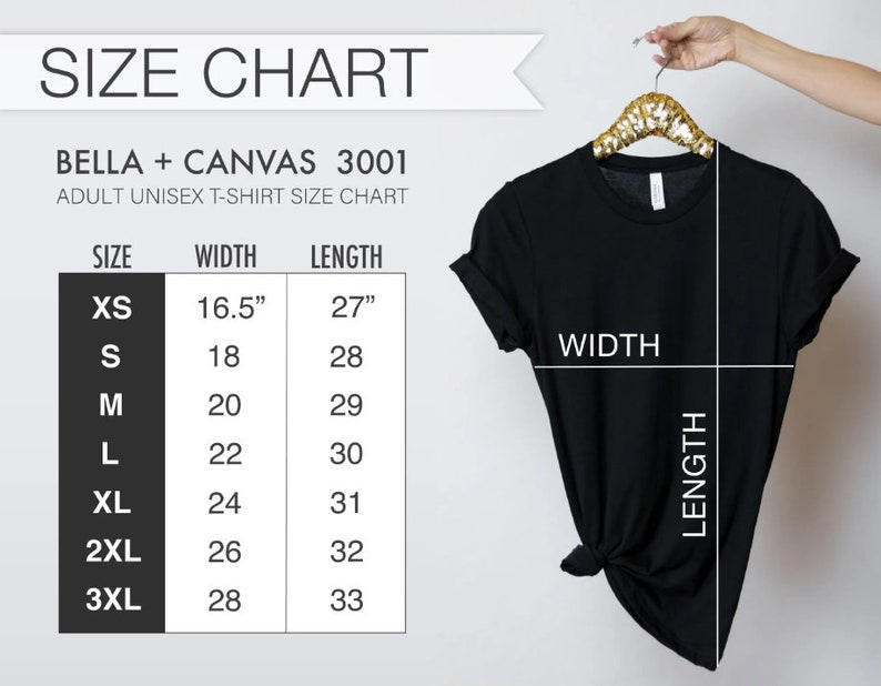 K&ouml;nnte beinhalten: Gr&ouml;&szlig;entabelle f&uuml;r Bella + Canvas 3001 Unisex-T-Shirts f&uuml;r Erwachsene. Die Tabelle zeigt die Gr&ouml;&szlig;en XS bis 3XL mit den entsprechenden Breiten- und L&auml;ngenma&szlig;en in Zoll.